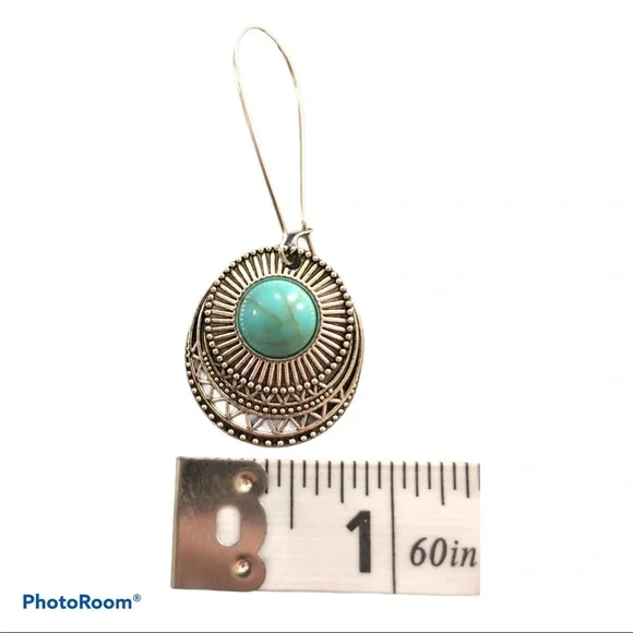 New! Boho‎ Desert Revival Dangle Turquoise Silver Tone Earrings - Picture 2 of 3